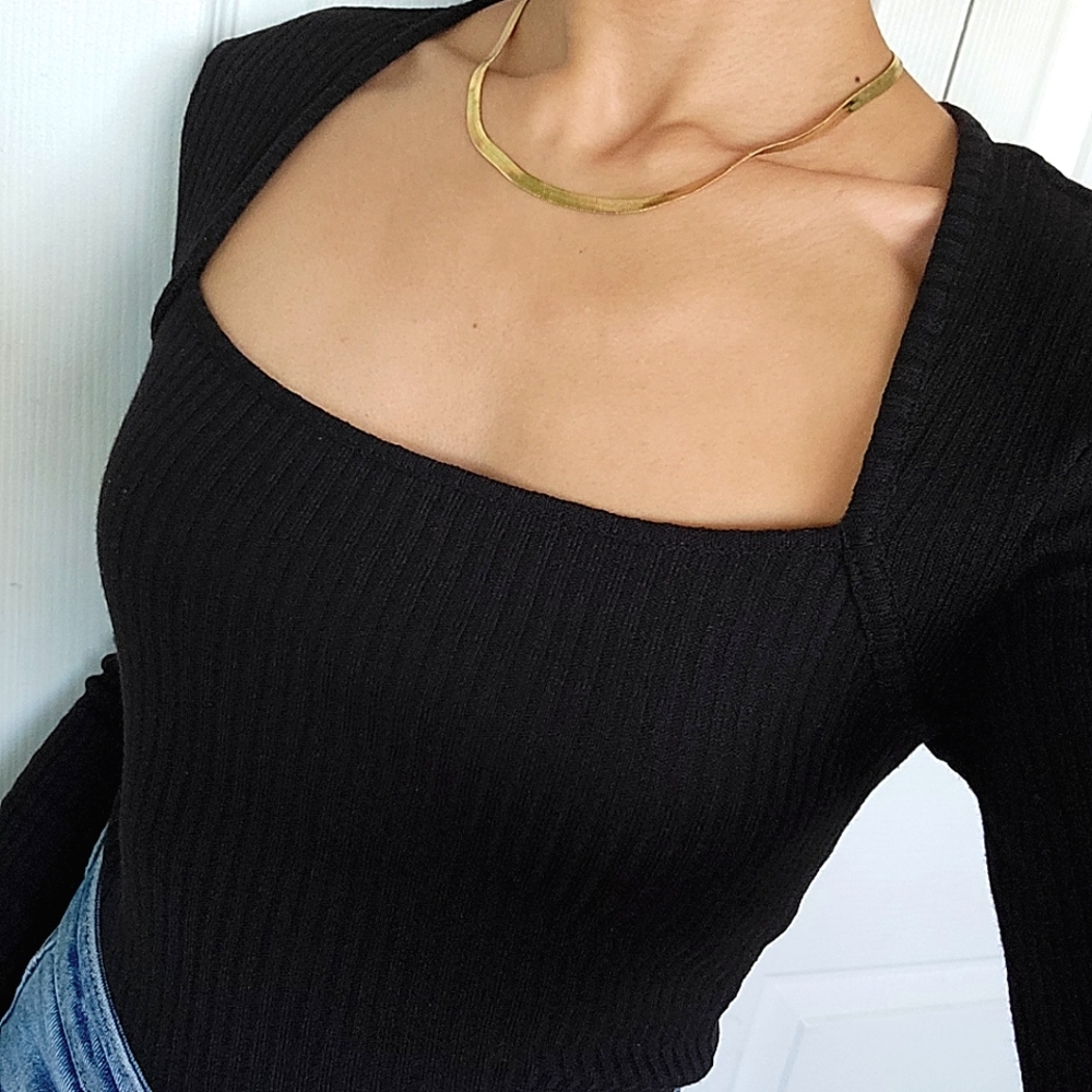 Square Neck Ribbed Knit Long Sleeve Top